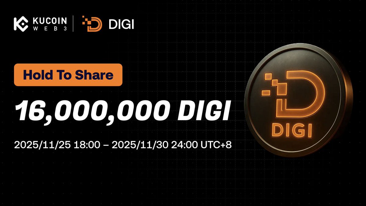 KuCoin_Web3's tweet image. ⛏️ Hold to Share 16,000,000 DIGI
🗓 2025/11/25 18:00 – 2025/11/30 24:00 (UTC+8)
🔗 Chain: BSC

To enter
1️⃣ Follow @KuCoin_Web3 &amp;amp; @DiGi_MineD
2️⃣ Like + RT + Tag 3 frens
3️⃣ Create a NEW KuCoin Web3 Wallet (BSC) during the campaign
4️⃣ Submit address 👉 kucoin.com/web3/starter-t…
5️⃣…