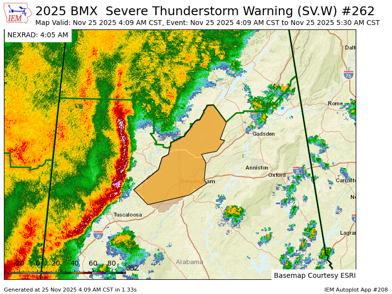 BMX issues Severe Thunderstorm Warning [wind: 60 MPH (RADAR INDICATED), hail: <.75 IN (RADAR INDICATED)] for Blount, Jefferson [AL] till Nov 25, 5:30 AM CST mesonet.agron.iastate.edu/vtec/f/2025-O-…