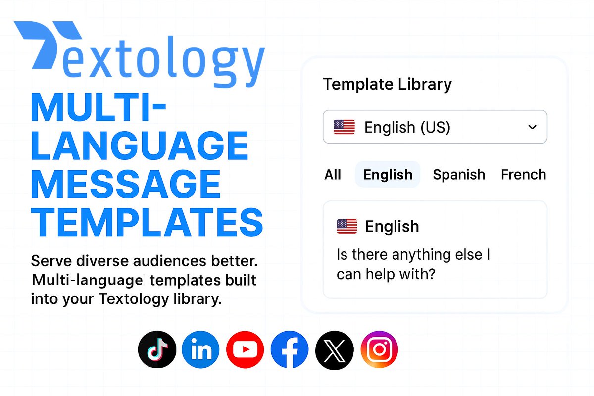 textologyhub's tweet image. Multi-Language Messaging Made Easy
Break language barriers instantly. With Textology, use prebuilt templates in English, Spanish, French, German &amp;amp; more ready to go.
#Textology #MultiLanguage #GlobalBusiness #MessagingTools #CustomerSuccess