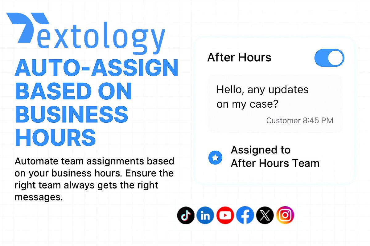 textologyhub's tweet image. Route Messages Automatically
After-hours? Textology auto-assigns messages to your “After Hours Team.” Stay covered 24/7.
#SmartAutomation #AfterHoursSupport #Textology
