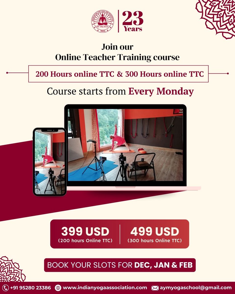 aymindia's tweet image. 🌐 Take your yoga journey to the next level with our Online Yoga Teacher Training Courses!
Join our 200-Hour &amp;amp; 300-Hour Online TTC from the comfort of your home, starting every Monday! 🧘‍♀️✨
#onlineyogattc #200houryogattc #300houryogattc #yogateachertraining #yogainrishikesh