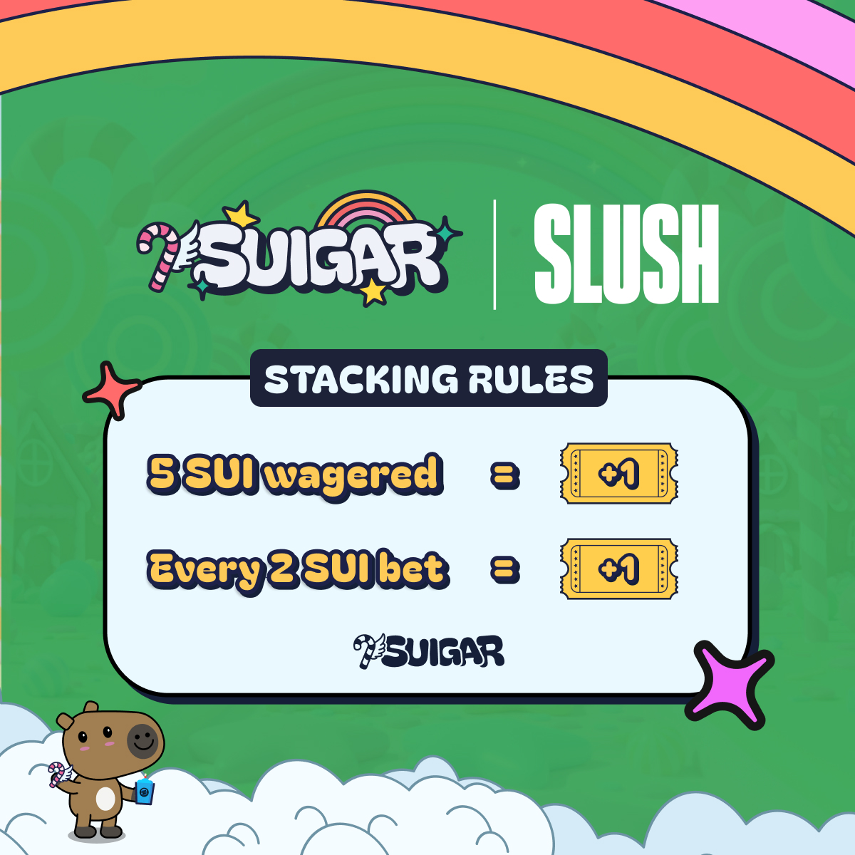 Suigar_com's tweet image. Have you started stacking your campaign tickets yet? 🍭

🎟️ How to enter:
• 5 SUI wagered = 1 ticket
• Then every 2 SUI played on suigar.com = +1 ticket

More tickets = more chances to win campaign&apos;s $1,000 🍬

@Suigar_com × @SlushWallet #SUI #Gaming #Giveaway