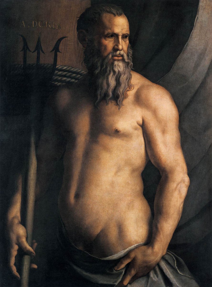 #OTD Nov 25 1560 the Genovese nobleman Andrea Doria passed away. In the picture his portrait as Neptune by Bronzino. Painting from the <a href="/GrandeBrera/">Grande Brera</a> in Milano. Why such a bizarre portrait? Read the amazing story of a man that shaped European history (and not only!). Continue 1)