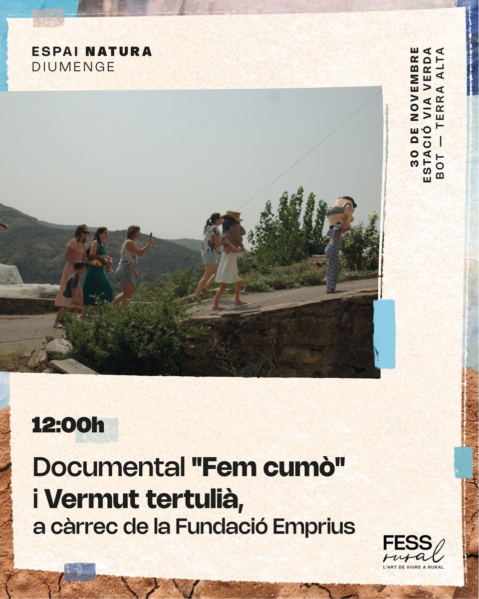 fessrural's tweet image. 🌱 ESPAI NATURA · 9:30–13h
🚶‍♀️ 9:30h Passejada etnobotànica + taller de fibres vegetals (Som Terra Roja)
🎬 12:30h Doc “Fem Cumó, un altre camí”
🗣️ 13h Vermut tertúlia @FundacioEmprius 

📅 29/11 | BOT
#FESSrural2025 #EconomiaSocial #RuralitatTransformadora