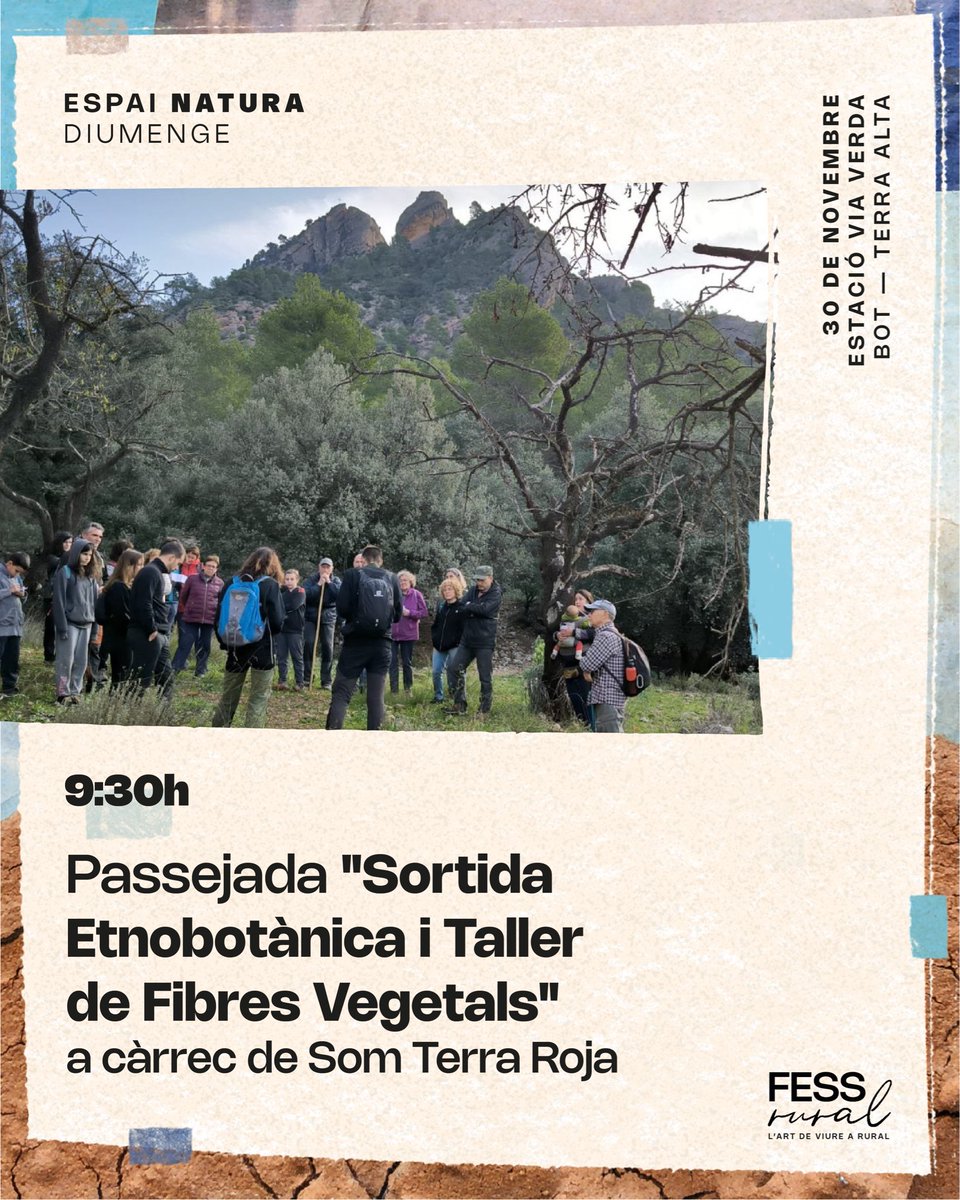 fessrural's tweet image. 🌱 ESPAI NATURA · 9:30–13h
🚶‍♀️ 9:30h Passejada etnobotànica + taller de fibres vegetals (Som Terra Roja)
🎬 12:30h Doc “Fem Cumó, un altre camí”
🗣️ 13h Vermut tertúlia @FundacioEmprius 

📅 29/11 | BOT
#FESSrural2025 #EconomiaSocial #RuralitatTransformadora