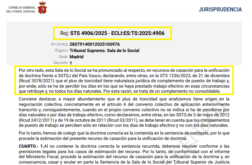 ADPSE_'s tweet image. ⚖️#TS unificación de doctrina:

🔵 El plus de #toxicidad es un #complemento que retribuye la prestación de servicios en esas circunstancias para resarcir al trabajador de las especiales condiciones en las que tiene que desarrollar la actividad #laboral.

➡️poderjudicial.es/search/AN/open…