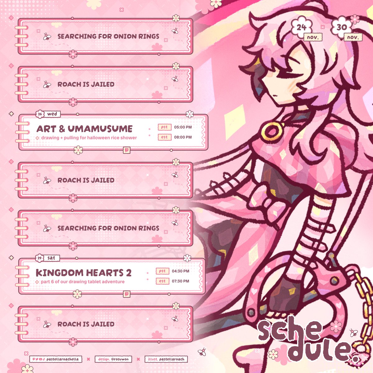 PastellaRoach's tweet image. Schedule for 💝 Nov 24 - Nov 30 🍂
We will be pulling for halloween rice shower on wednesday!