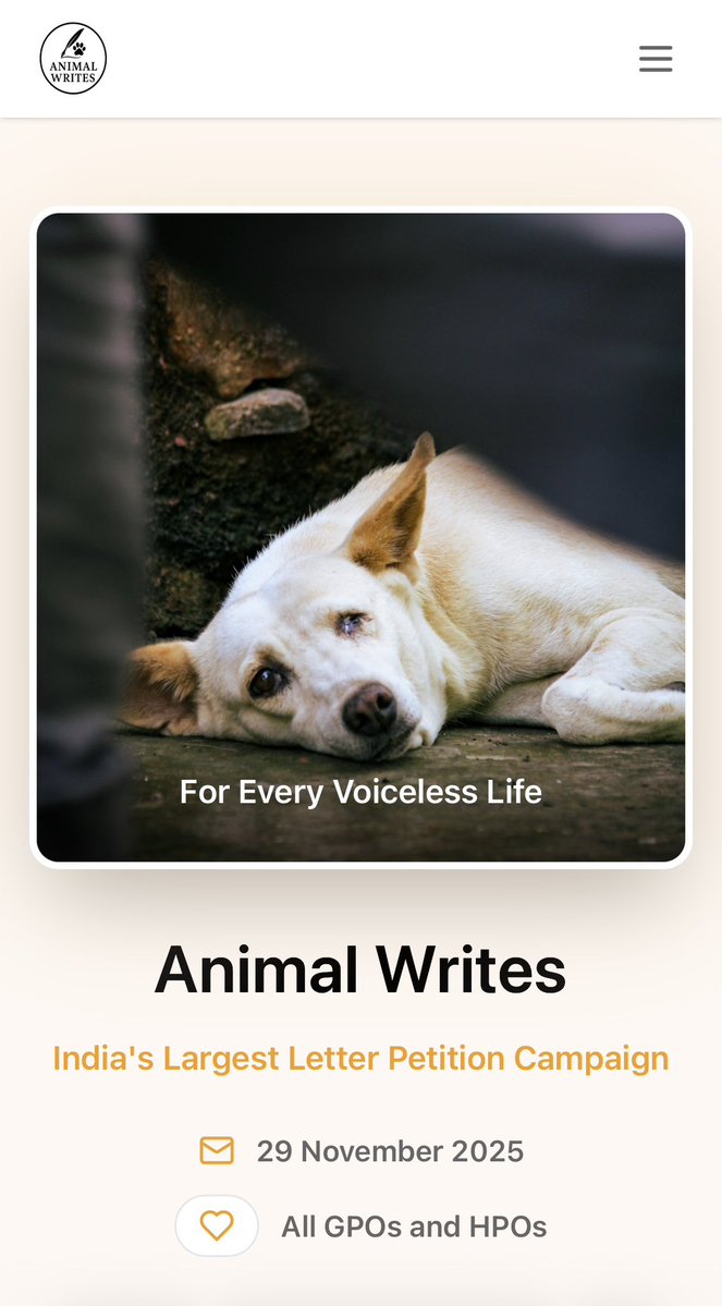 ShrijeetNair06's tweet image. 📢 URGENT APPEAL: IT IS OUR LAST CHANCE!! Animal lover’s
Join the #AnimalWrites Campaign to Save Our Community Animals, and convince your friends and family to join this campaign as well.🐾
We need your voice NOW to send a physical letter to the CJI, urging a reversal of the…
