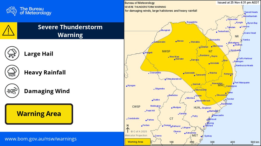 BOM_NSW's tweet photo. Issued 4:31pm EDT
A warm and humid airmass combined with a trough and west to southwesterly change are triggering thunderstorms this afternoon.
More: https://t.co/EoQWiH0Cwb
#Taree #Armidale #Tamworth #Moree #Gunnedah #Narrabri https://t.co/XVYWyRwkpl