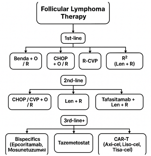 AhmedKo45911157's tweet image. Follicular #Lymphoma (FL)🎗️ #NCCN

1st-line:
💊 Benda + O/R
💉 CHOP + O/R
💊 R-CVP
🧬 R² (Len + R)
2nd-line:
🔄 CHOP / CVP + O/R
🔄 Len + R
🧪 Tafasitamab + Len + R
3rd-line+:
🧬 Bispecifics (Epcoritamab, Mosunetuzumab)
🧫 Tazemetostat
🧲 CAR-T (Axi-cel, Liso-cel, Tisa-cel)