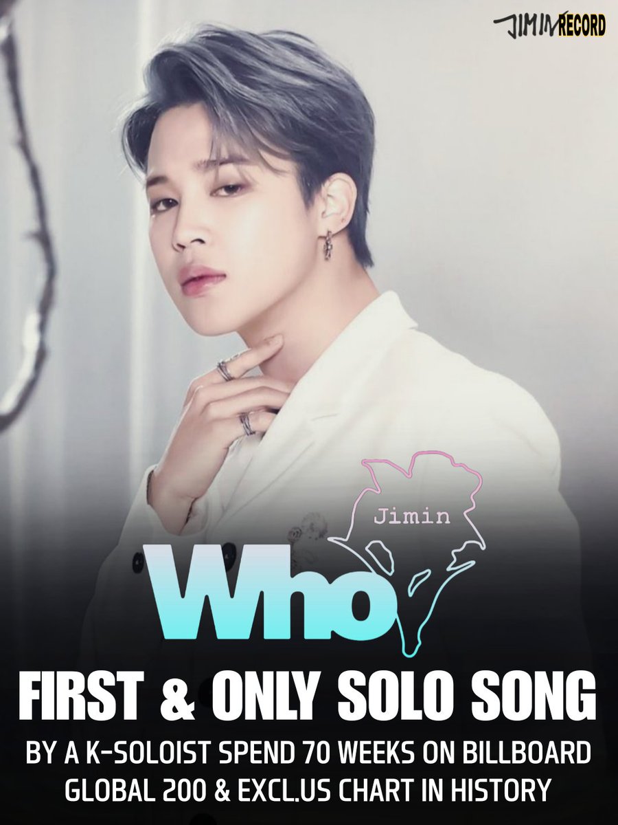 JIMIN_RECORD13's tweet image. 지민의 &quot;WHO&quot;는 Billboard Global 200 차트와 Billboard Excl. US 차트 모두에서 70주를 보낸 최초이자 유일한 K팝 솔로곡이 되었습니다.

축하해요 지민🎉

BILLBOARD LEGEND JIMIN
BILLBOARD GLOBAL KING JIMIN
#Jimin70WeeksBillboard
#Jimin_Who #JIMIN #지민