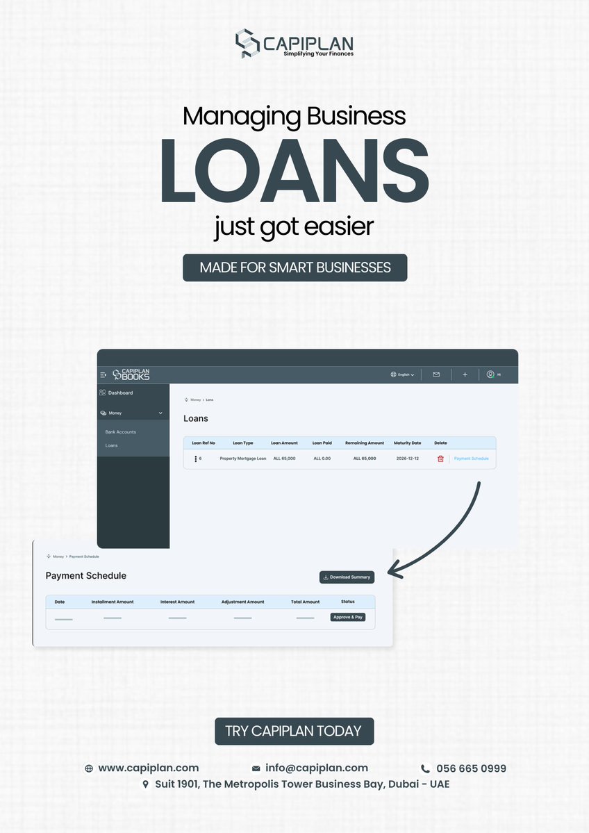 CapiPlan's tweet image. CapiPlan’s Loan Module puts all your loans in one place, tracks payments, and shows exactly where your money stands.

#BusinessLoans #LoanManagement #FinanceMadeEasy #SmallBusiness #CapiPlan #UAEFinance