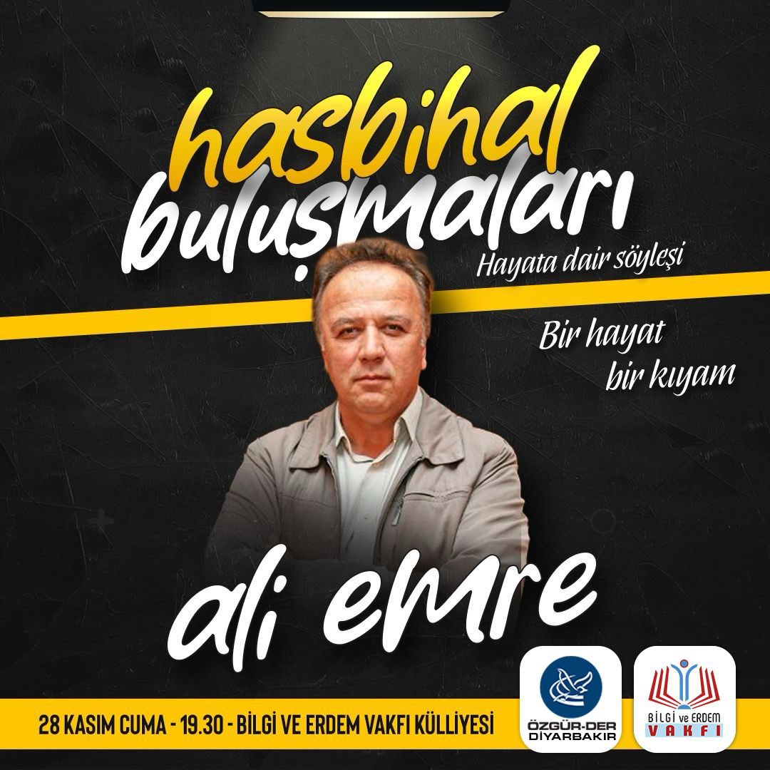 Bu hafta Hasbihal Buluşmaları kapsamında Ali Emre’yi ağırlıyoruz.

28 Kasım Cuma saat 19.30’da tüm kardeşleri hayata dair söyleşimize bekliyoruz.
