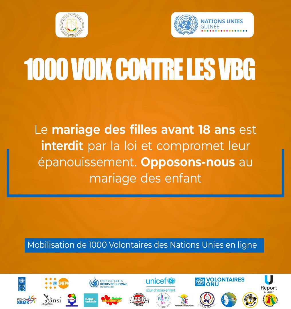 Le mariage des filles avant 18 ans est illégal et détruit leur avenir.
Opposons-nous au mariage des enfants.
#StopMariagePrécoce
#ProtégeonsLesFilles
@NATIONSUNIESGUINEE, <a href="/UNICEFGuinea/">UNICEF Guinea</a>,
<a href="/UnfpaGuinee/">unfpa guinee</a>, <a href="/PNUDGuinee/">PNUD Guinée</a>,
<a href="/pvnuguinee/">VNU Guinée</a>