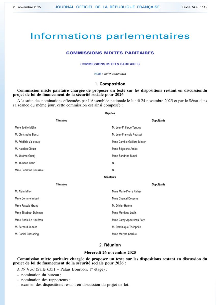 Publication au #JORF de la liste des 7 sénateurs et des 7 députés qui composeront la commission mixte paritaire (CMP) sur le #PLFSS2026. Elle se réunira demain à 19H30 #DirectAN #DirectSenat