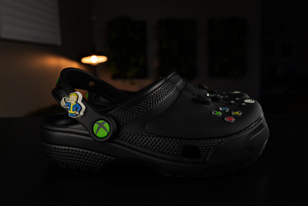 bethesda's tweet image. Treat your feet with the new Xbox Crocs collab available now, along with a 5-pack of Jibbitz including @Fallout and @DOOM charms!  crocs.com/c/collections/…