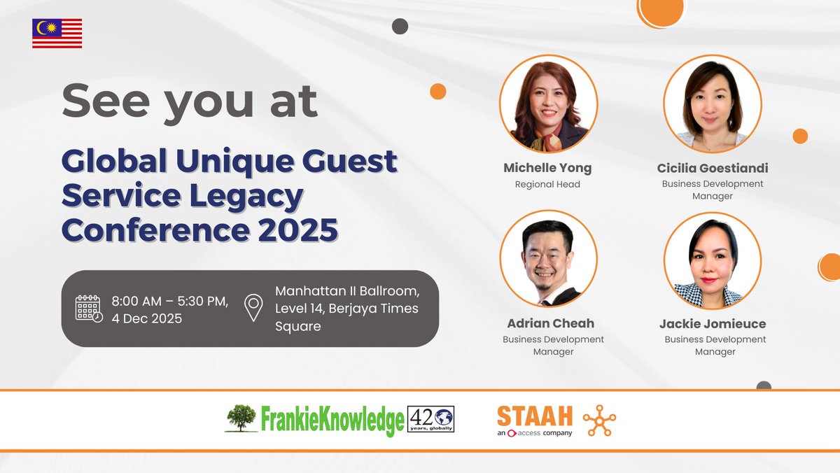 STAAHOnline's tweet image. Hello from Malaysia! We’re excited to be at the Global Unique Guest Service Legacy Conference 2025 on 4 December. 

Connect with our team to learn how our solutions can help your property grow through smarter distribution and seamless guest experiences.

#STAAH #staahonline