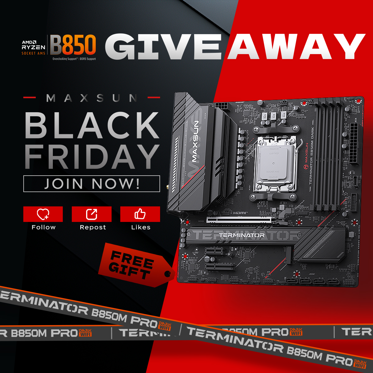 MaxsunOfficial's tweet image. Ready to power up your rig for FREE this Black Friday?
Your chance is HERE. Your moment is NOW. ⚡

Win the MAXSUN Terminator B850M PRO DARK WiFi — your next powerhouse for gaming &amp;amp; performance! 🖥

🎁 How to Enter (3 steps only!)
1️⃣ Follow @MaxsunOfficial
2️⃣ Like this post ❤️
3️⃣…