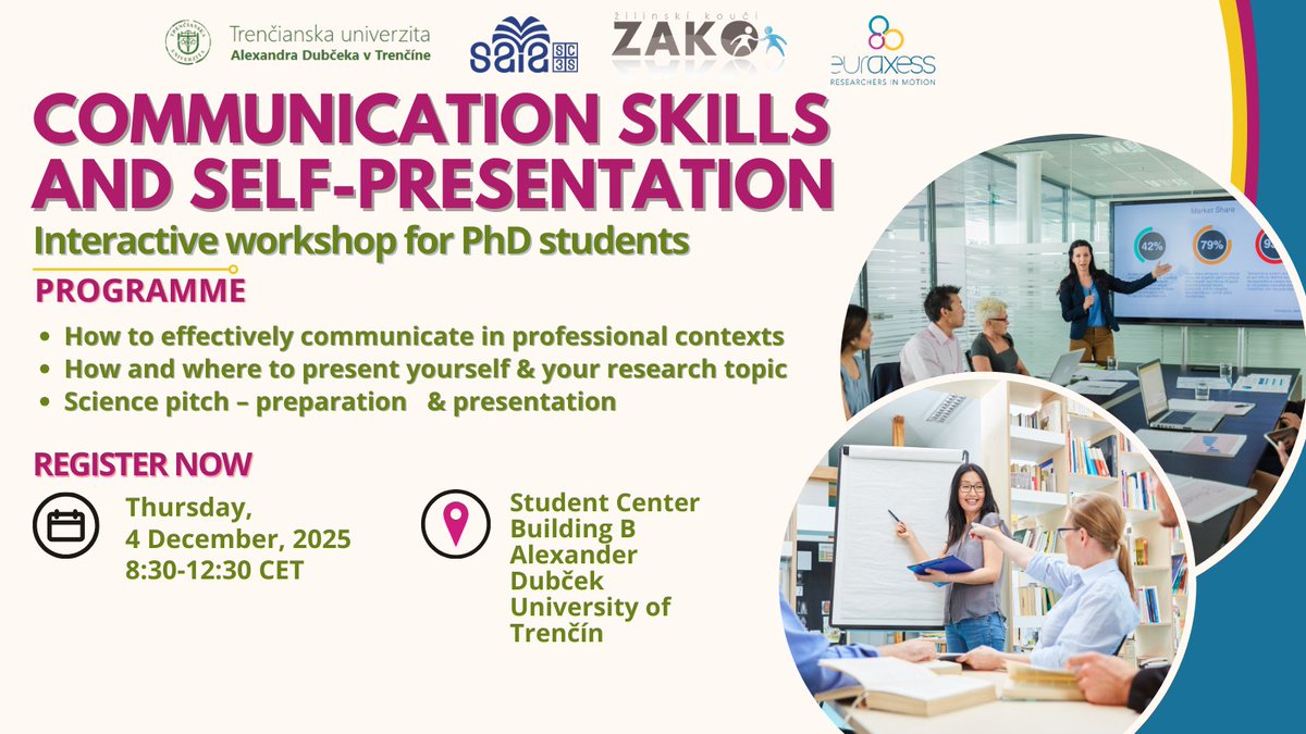 📣 Workshop: Communication Skills &amp; Self-Presentation
EURAXESS Slovakia invites PhD candidates and early-stage researchers to a practical workshop focused on effective communication and professional self-presentation.
👉 Register here: euraxess.sk/slovakia/news/…