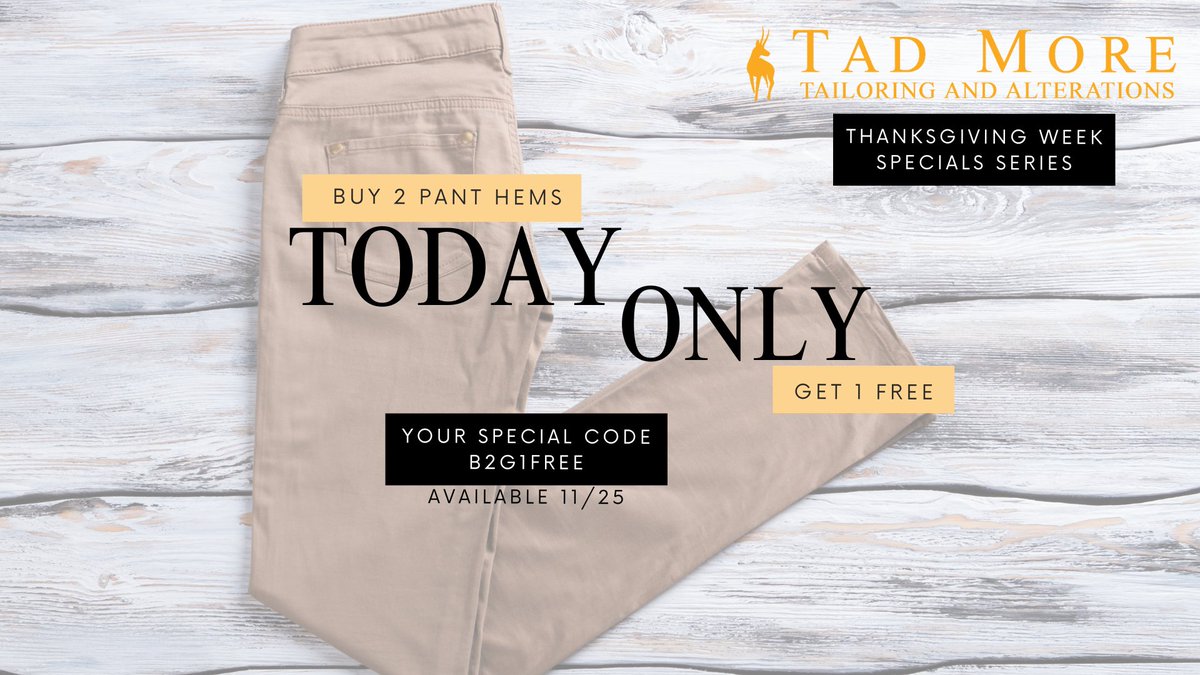 more_tad's tweet image. Today kicks off our Week of Deals: Buy 2 Pant Hems, Get 1 FREE
Yes, free. On purpose. We triple-checked.
Click the link to take advantage of this offer:
hubs.ly/Q03Vx8950
#TadMoreTailoring #PerfectFitEveryTime #TailoredForYou #SustainableStyle #SewingMagic ✂️🧵✨