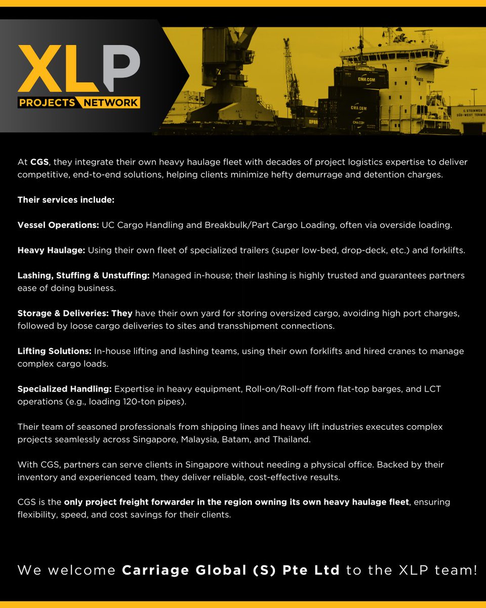 XLPNetwork's tweet image. We welcome Carriage Global (S) Pte Ltd in Singapore to the XLP team!

🔎 Read more: xlprojects.net/carriage-globa…

#XLProjects #AINetworks #ProjectCargo #LogisticsNetwork #freightnetworks #CarriageGlobalSPteLtd