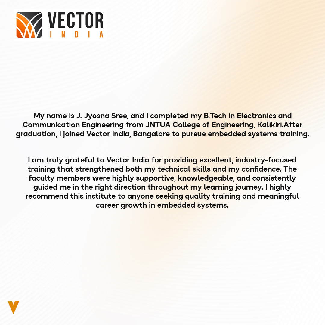 Vector_India's tweet image. Another Proud Vector India Success Story!
Big congratulations to J. Jyosna Sree from Bengaluru for securing an impressive 13 LPA offer from Chelsio Communications!
#EngineeringStudents #PlacementUpdates #SkillUp #TechCareers #FirmwareJobs #AutomotiveCareers #EmbeddedJobs #IoT