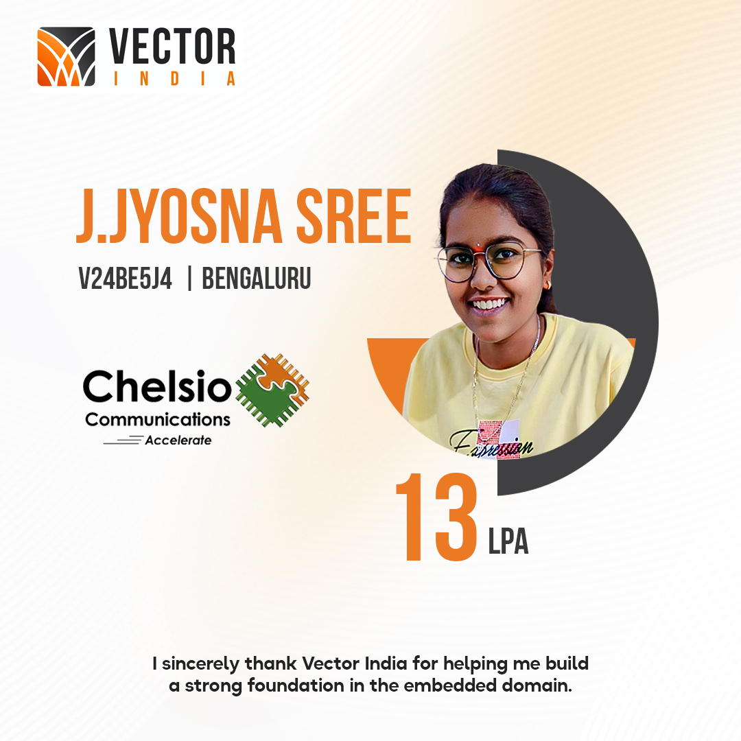 Vector_India's tweet image. Another Proud Vector India Success Story!
Big congratulations to J. Jyosna Sree from Bengaluru for securing an impressive 13 LPA offer from Chelsio Communications!
#EngineeringStudents #PlacementUpdates #SkillUp #TechCareers #FirmwareJobs #AutomotiveCareers #EmbeddedJobs #IoT