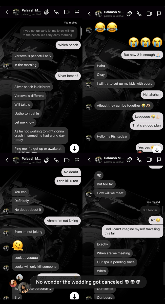 ikrtkrthd's tweet photo. Right now, there are rumours going around that Palash Muchhal cheated on Smriti Mandhana. Some screenshots of alleged Instagram DMs have surfaced online, which a girl claims are real and shared after the wedding controversy. 

If these screenshots are genuine, it does raise questions about his character but until it’s officially confirmed, everything should be taken as allegations, not facts.
