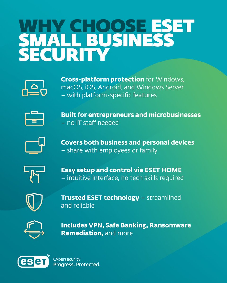 Small business security shouldn’t be complicated.

ESET gives you easy setup, cross-platform protection and essentials like VPN, Safe Banking and Ransomware Remediation.

#ESET #ProgressProtected #SmallBusiness