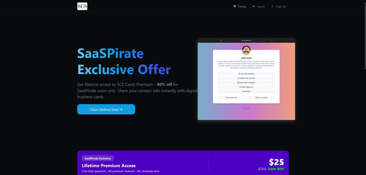 saaspiratecom's tweet image. Stop buying paper business cards. They belong in the 1990s.🗑️

Meet SCS Cards. The smartest way to network.

The Offer: Get a Lifetime Deal (Pay Once, Forever). 90% OFF exclusively for the SaaSPirate community.

Get it before the price jumps: scscards.com/saaspirate