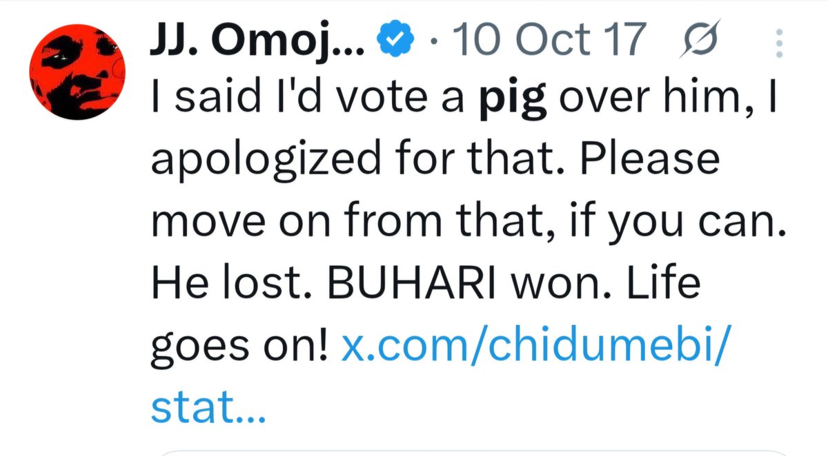 This genetic coward <a href="/Omojuwa/">JJ. Omojuwa</a> compared a president to a pig. If you like allow him and his gang of terrorists- and kleptomaniac-supporting urchins gaslight you.

Oh, according to him, "dead dunderhead <a href="/MBuhari/">Muhammadu Buhari</a> won, <a href="/GEJonathan/">Goodluck E. Jonathan</a> lost, life goes on." Did life really go on for the