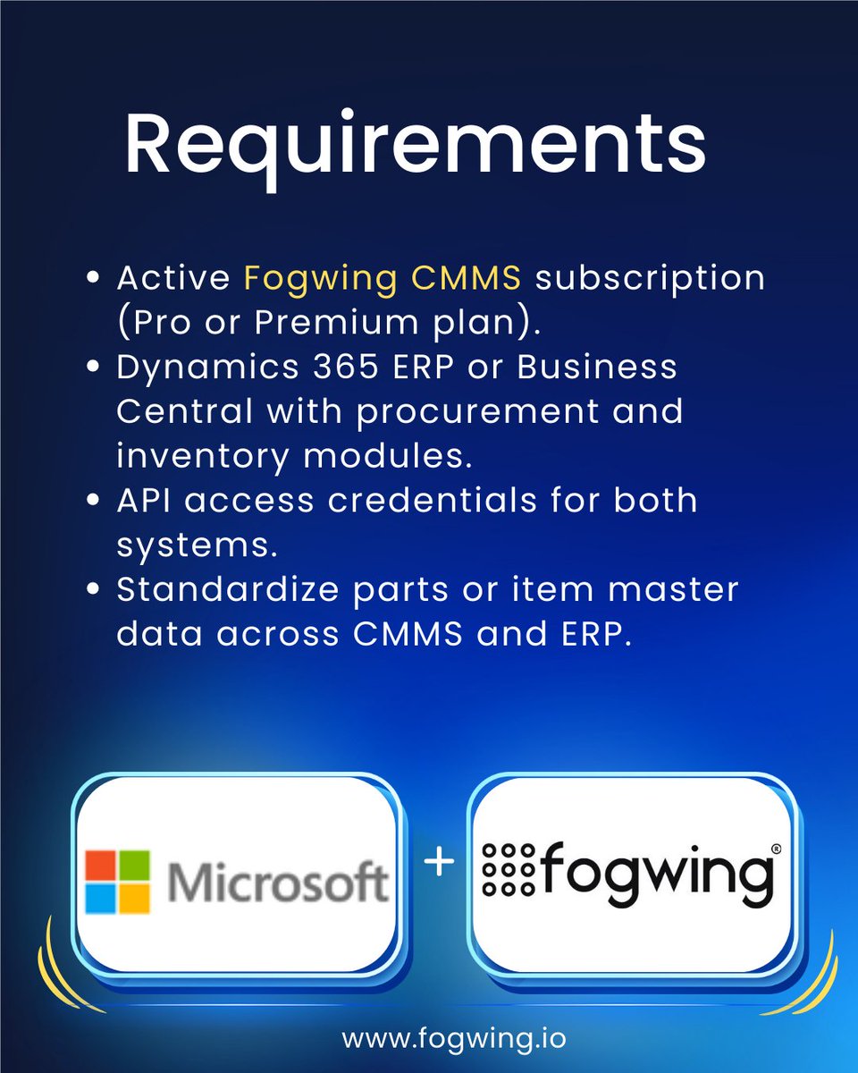 Fogwing_IoT's tweet image. Fogwing CMMS has taken another major step toward connected maintenance by integrating seamlessly with Microsoft Dynamics 365 ERP

🔗 Explore the full integration: fogwing.io/integrations-v…

#Fogwing #MicrosoftDynamics #Dynamics365 #FogwingCMMS
#CMMS #BestCMMS #MaintenanceManagement