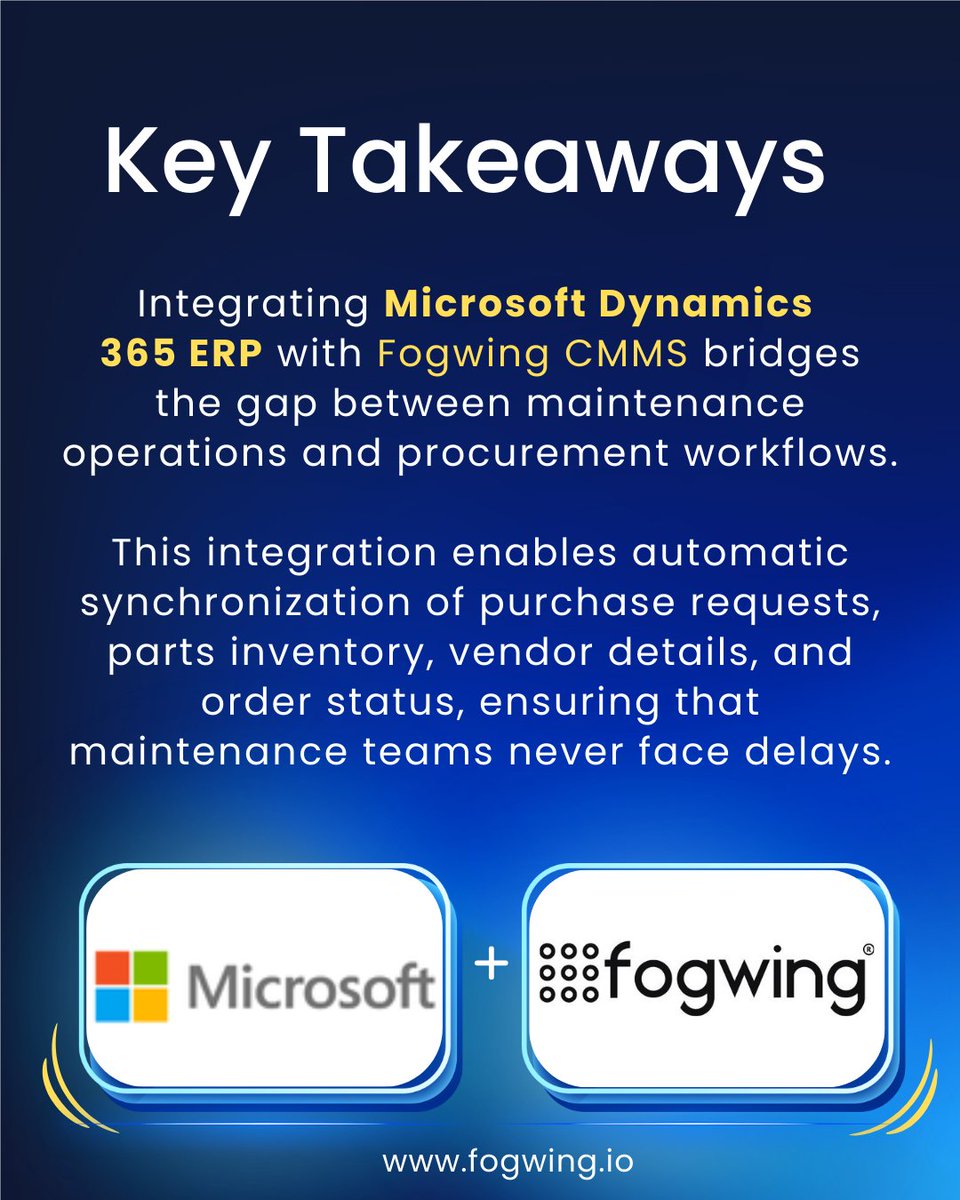 Fogwing_IoT's tweet image. Fogwing CMMS has taken another major step toward connected maintenance by integrating seamlessly with Microsoft Dynamics 365 ERP

🔗 Explore the full integration: fogwing.io/integrations-v…

#Fogwing #MicrosoftDynamics #Dynamics365 #FogwingCMMS
#CMMS #BestCMMS #MaintenanceManagement