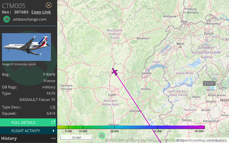 🛫 Le DASSAULT Falcon 7X F-RAFB CTM005 de la flotte de l'ET 060 a été détecté près de l'aéroport Bourg – Ceyzériat Airport (XBK/LFHS) - Suivi: globe.adsbexchange.com/?hideSidebar&h…