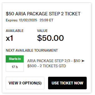 step 1 out of 3 to get a flight to vegas to play the aria main event.

legit just saw this $5 tournament and decided to play lol

have to play 2 more qualifiers tomorrow