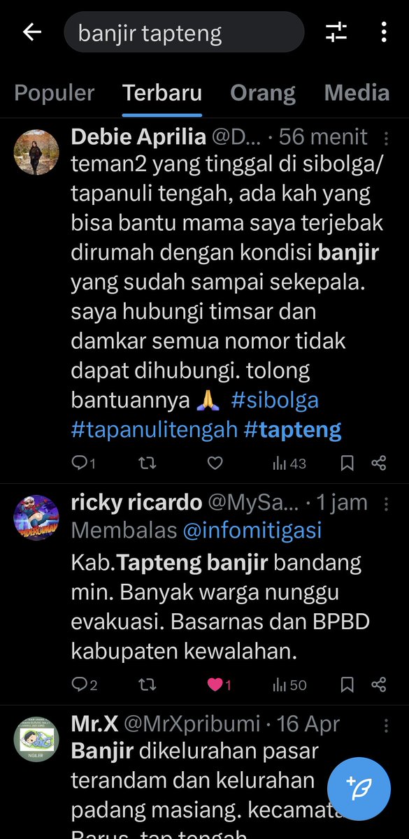 infomitigasi's tweet image. Ini fakta yang terjadi di luar jawa, ada banjir besar terjadi, tapi ketika kami coba cari di X dengan kata kunci &quot;Banjir Tapteng&quot; maupun &quot;banjir sibolga&quot; yang ini yang kami temukan setidaknya sampai pada pukul 13:00 WIB 25-November-2025.
merujuk pada fakta ini kita bisa tahu…