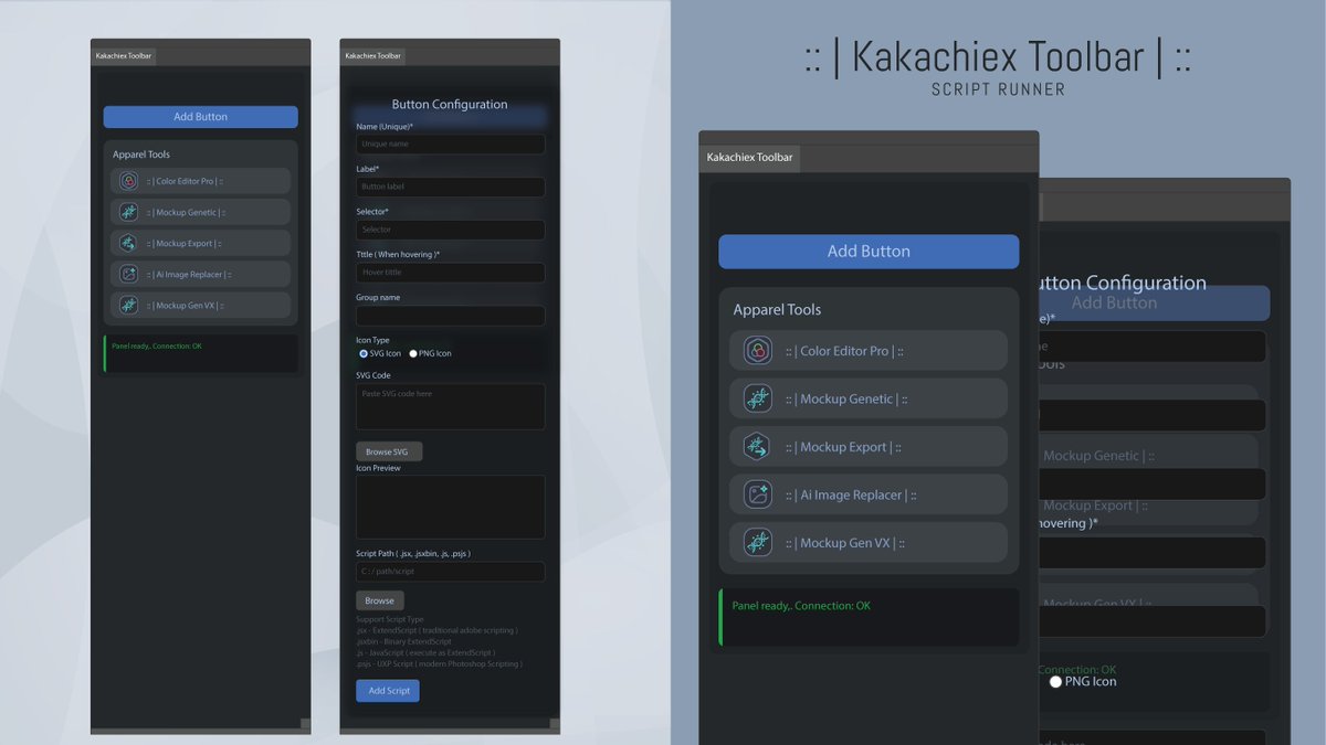 kakachiex's tweet image. :: | Photoshop Custom Toolbar for | ::
 Custom SVG icon button | Run UXP scripts .psjs | .js | .jsx | .jsxbin
#Photoshop #script #plugindeveloper #adobe #Automation #gumroad
kakachiex.gumroad.com/l/kakachiexscr…