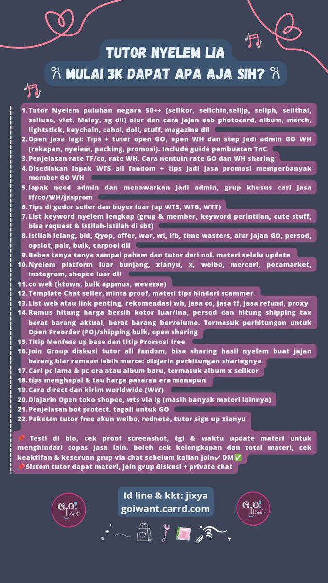 OPEN JASA TUTOR NYELEM, OPEN GO, WH START 3k 🛒

✅list keyword cari wl ready luar sellkor sellchin jp thai ph dll 50+ Negara 
✅jadi admin
✅cara open WH, order bulk, direct
✅Hitung rate/persod/opshar/PO bersih kotor + open GO
✅Diskusi grup &amp; private
✅Tutor dari nol
⭕ dll