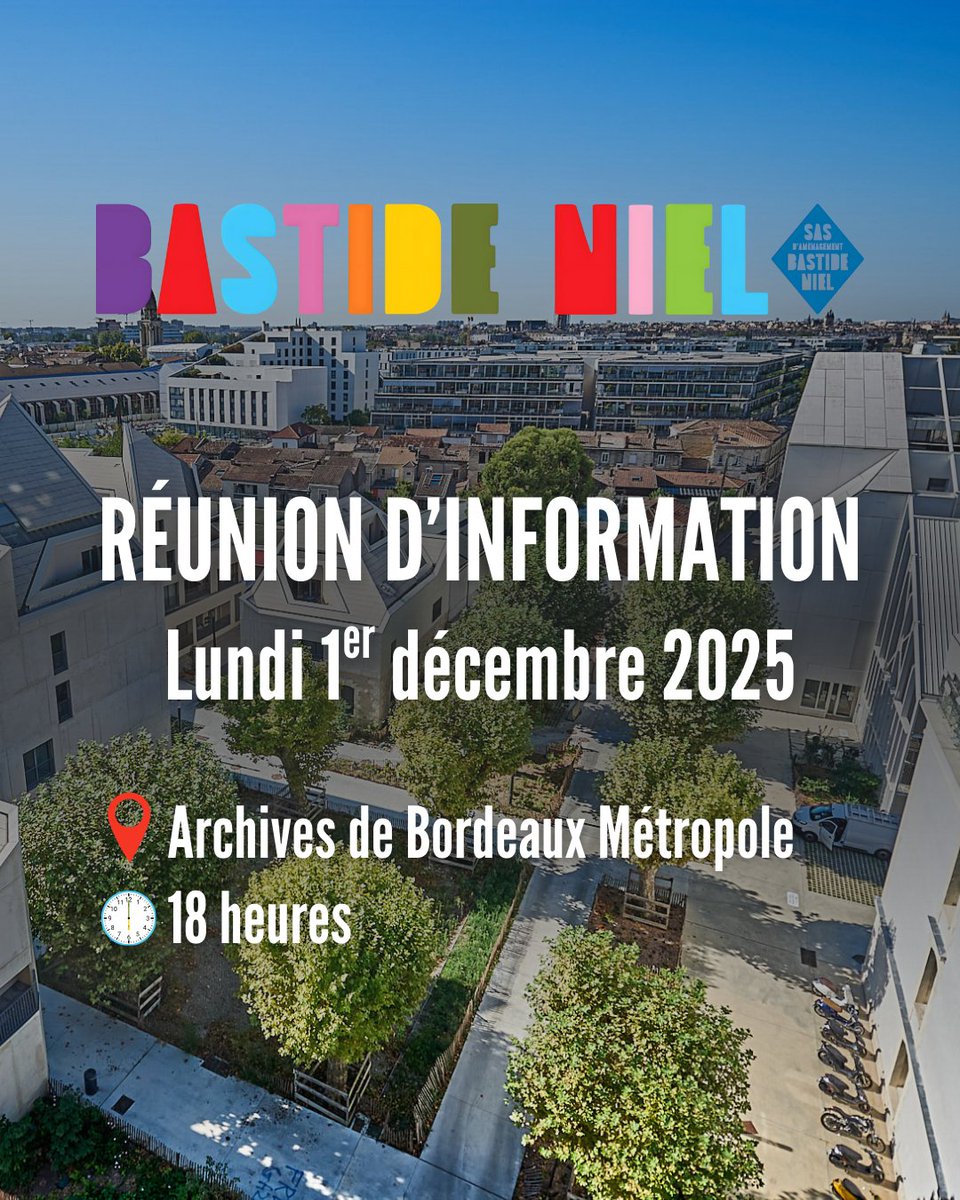 🗣️ La SAS d’Aménagement <a href="/BastideNiel/">Bastide Niel</a> organise une réunion d’information pour les habitants, usagers &amp; riverains de l’EcoQuartier <a href="/BastideNiel/">Bastide Niel</a>.

#BordeauxMétropole #Bordeaux #BastideNiel #BordeauxBastide #BordeauxRiveDroite #Urbanisme #Architecture #ProjetUrbain #AménagementUrbain