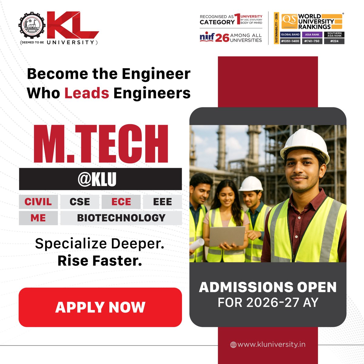 kluniversity's tweet image. Advance your engineering career with KLU’s M.Tech programs in Civil, CSE, ECE, EEE, ME &amp;amp; Biotechnology. Gain research-driven expertise, analytical skills needed for senior R&amp;amp;D and leadership roles.

Admissions Open 2026–27
kluniversity.in/admissions-202…

#KLU #MTech
