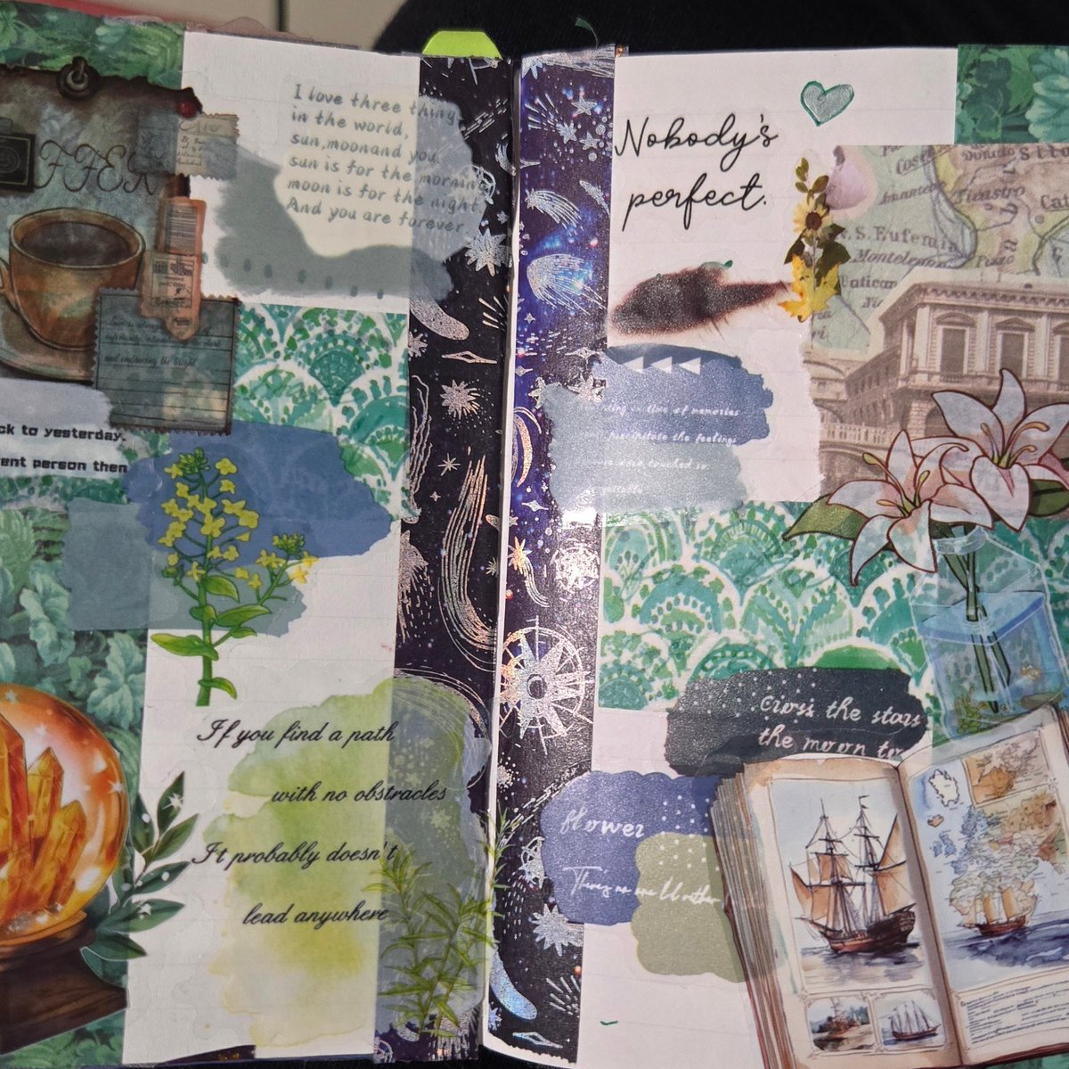 Solarinnar_'s tweet image. When my mind refuses to cooperate, I just switch to journaling — stickers, little collages, random quotes… anything that helps me breathe and reset for a moment...

#journaling #artjournal #artistsontwitter #CreativeProcess