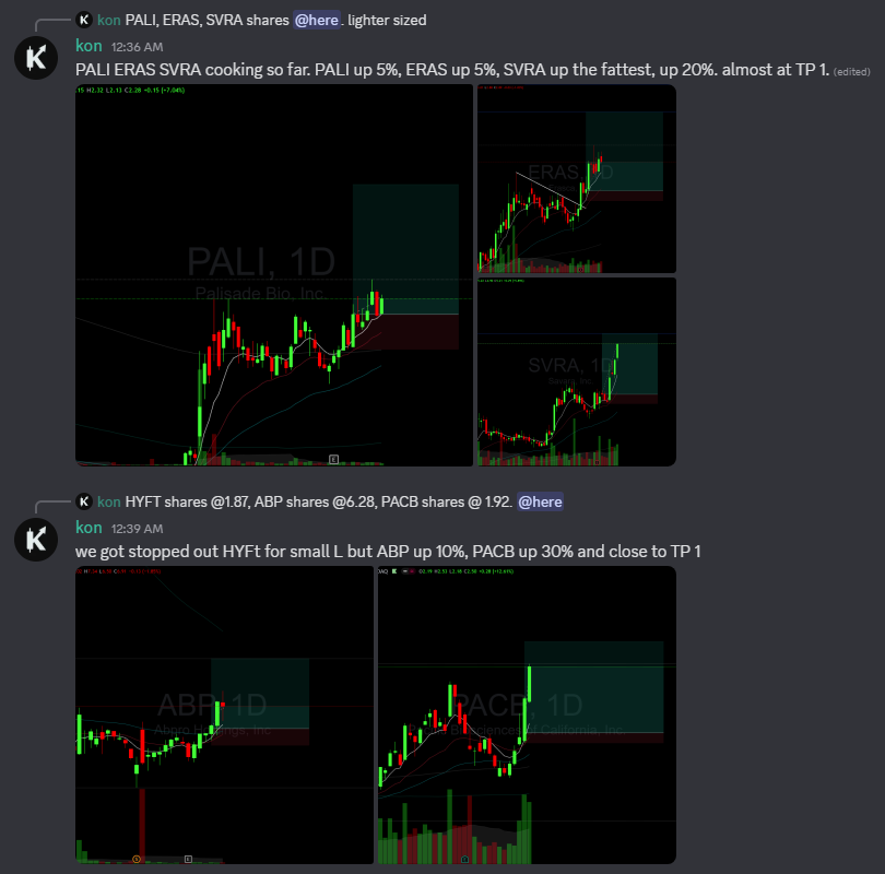 konstannt's tweet image. $PALI $ERAS $SVRA $ABP $PACB all cooking so far. SVRA and PACB being the bigger winners. All look good for higher. Moving SL to BE for SVRA and PACB. Next round of tickers coming up !