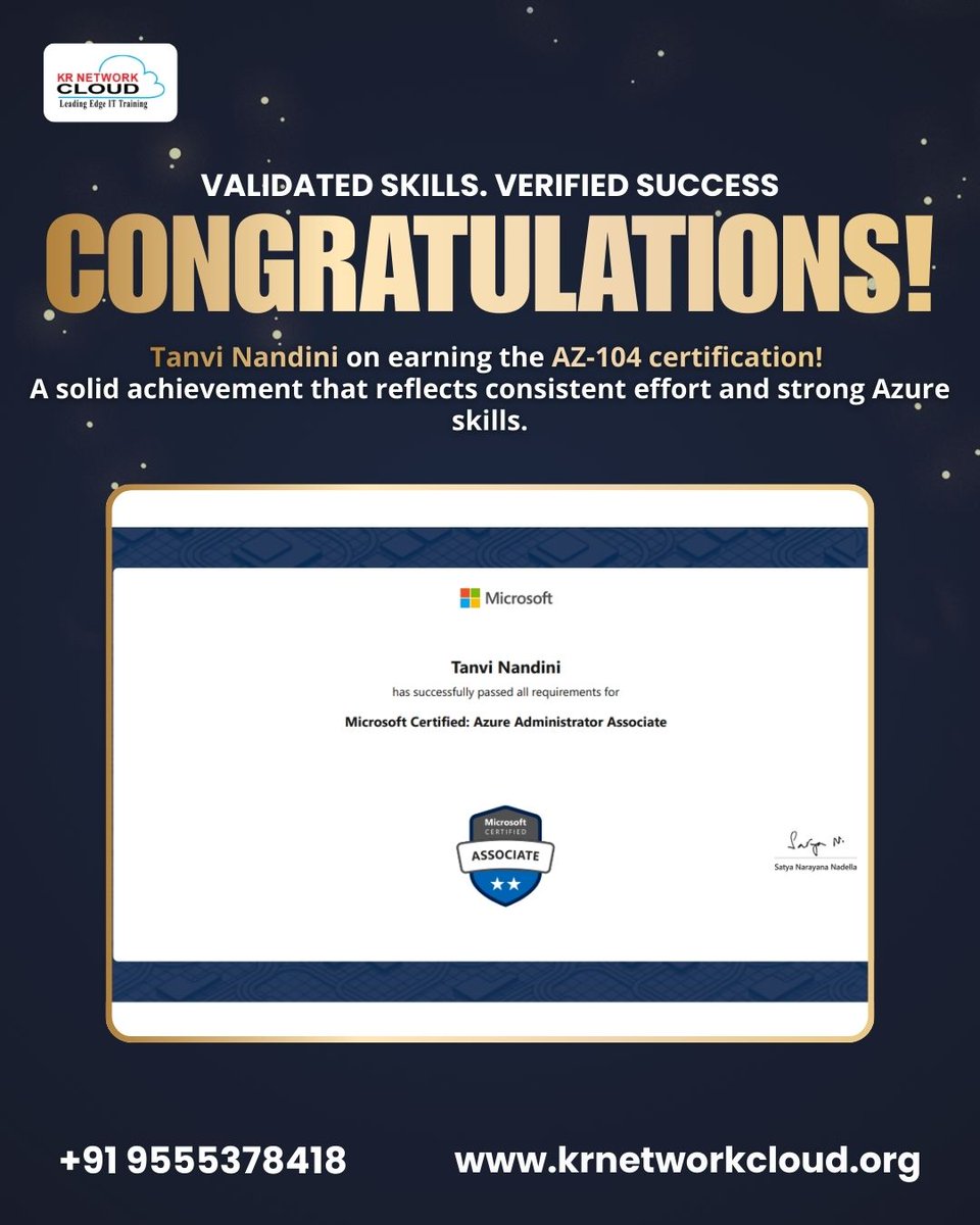 KRNetworkCloud1's tweet image. TANVI NANDINI – AZ-104 CERTIFIED
Congratulations on achieving the AZ-104 certification. Wishing you continued success and confidence as you move forward in your cloud career.

#microsoftazure #az104 #cloudtraining #studentreview #krnetworkcloud #azurecertification #careerprogress