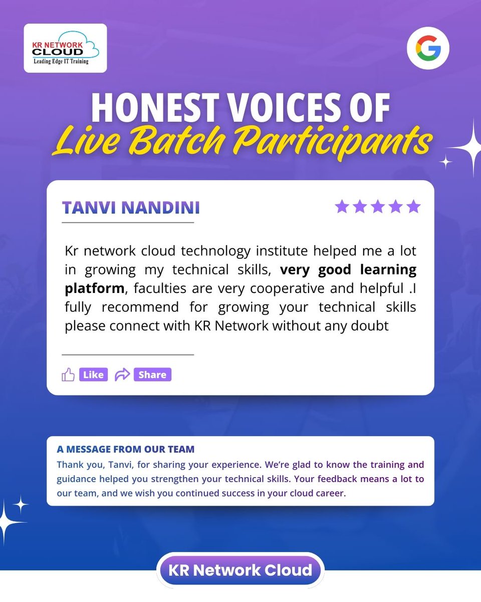 KRNetworkCloud1's tweet image. TANVI NANDINI – AZ-104 CERTIFIED
Congratulations on achieving the AZ-104 certification. Wishing you continued success and confidence as you move forward in your cloud career.

#microsoftazure #az104 #cloudtraining #studentreview #krnetworkcloud #azurecertification #careerprogress