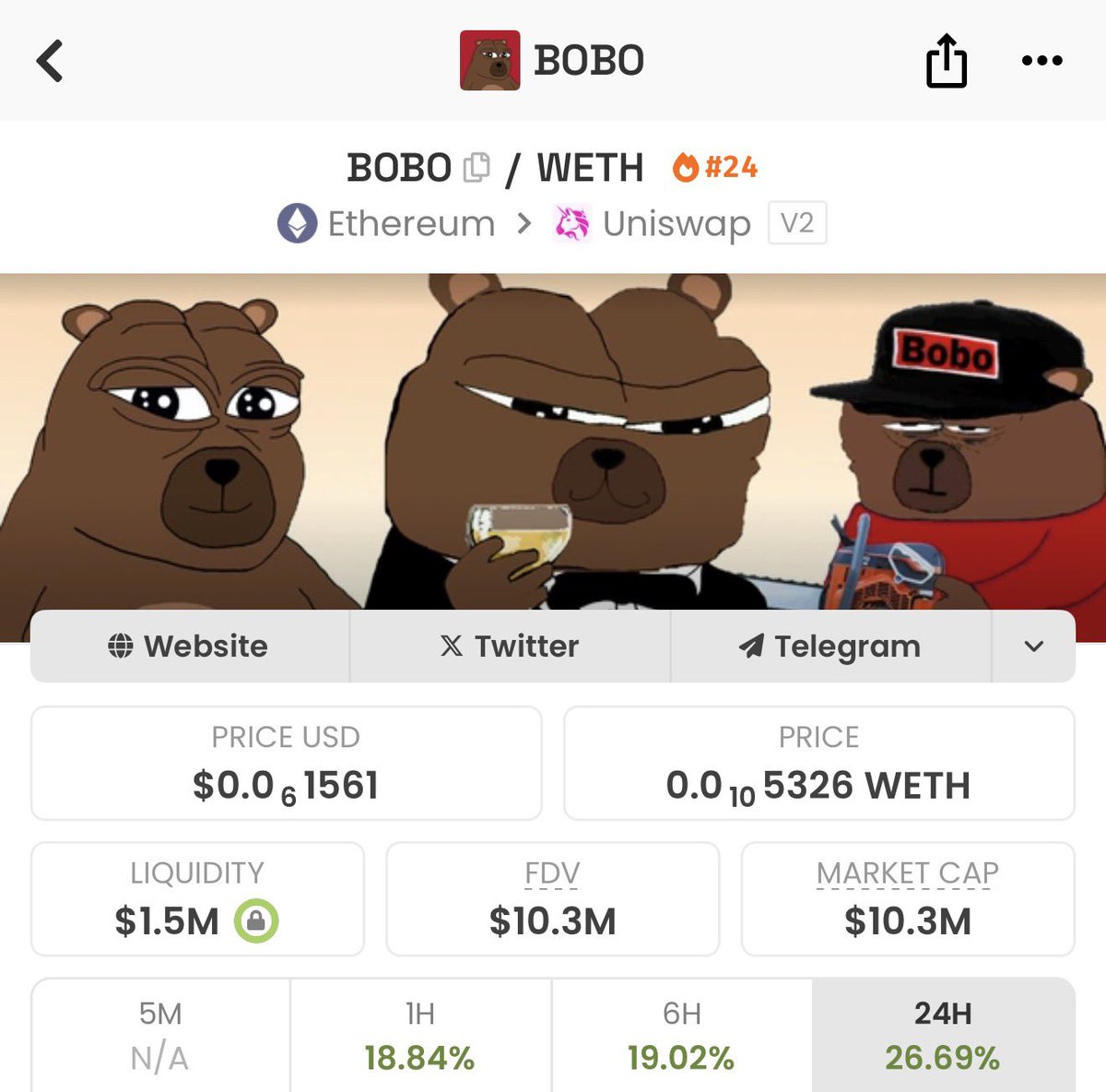just the start. 

100x to billions. send it, $bobo 🐻🫡
