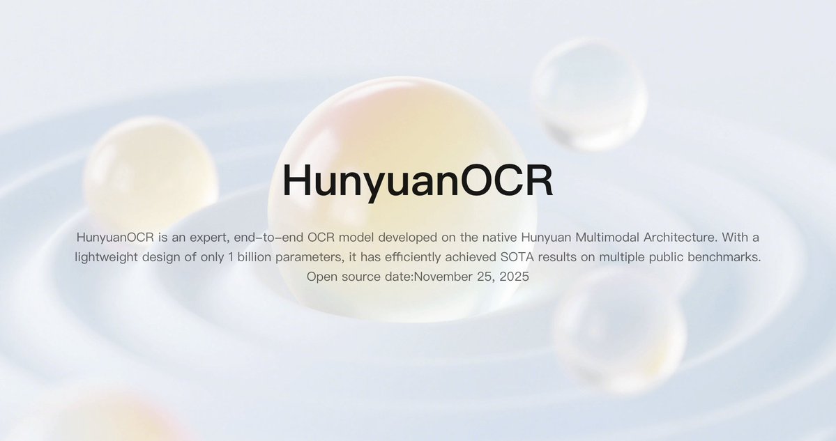 TencentHunyuan's tweet image. We are thrilled to open-source HunyuanOCR, an expert, end-to-end OCR model built on Hunyuan&apos;s native multimodal architecture and training strategy. This model achieves SOTA performance with only 1 billion parameters, significantly reducing deployment costs.

⚡️Benchmark Leader:…