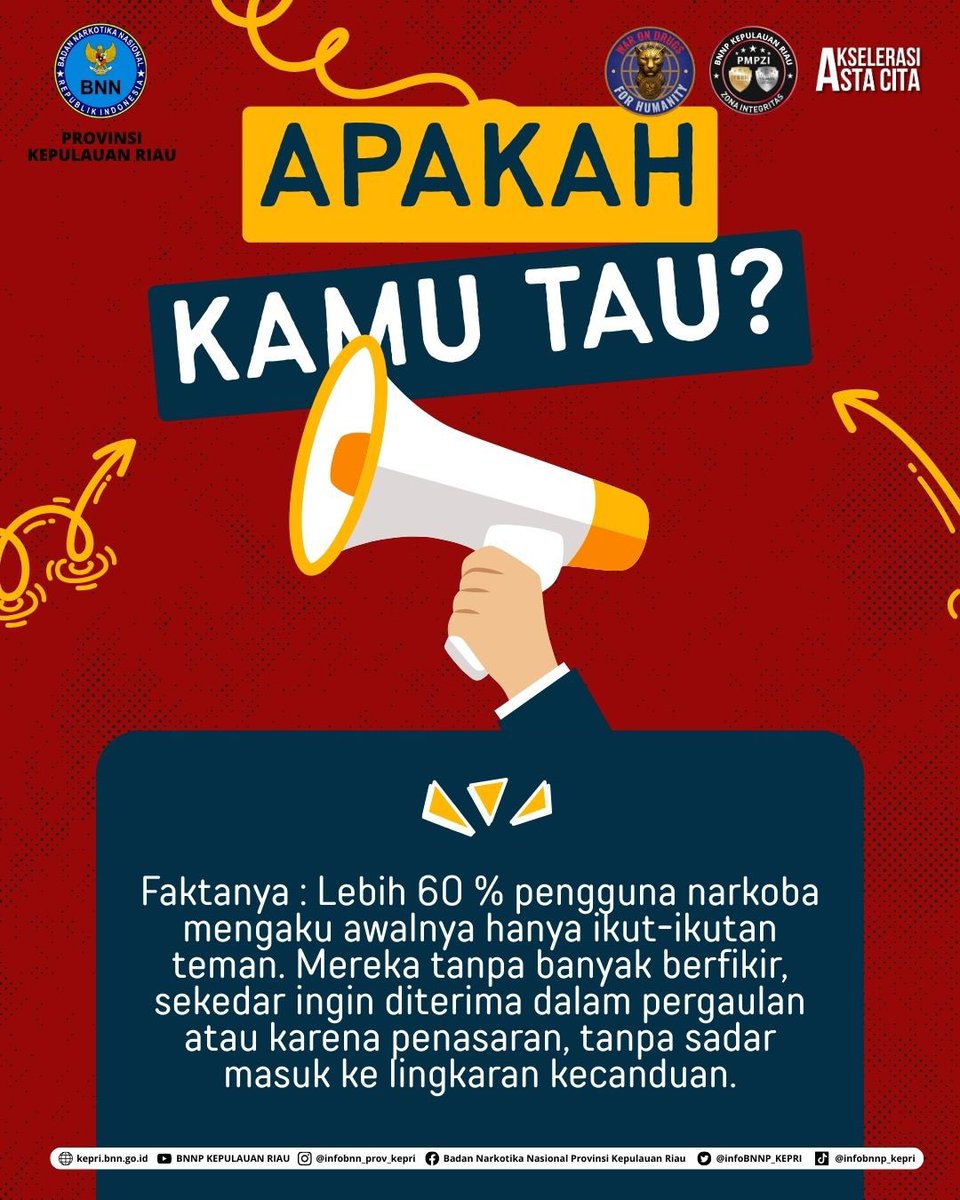 InfoBNNP_KEPRI's tweet image. Fakta: Lebih dari 60% pengguna narkoba mengaku awalnya cuma ikut-ikutan teman. Tanpa sadar, langkah kecil itu berubah jadi lingkaran kecanduan yang sulit dihentikan.

#Warondrugsforhumanity #IndonesiaDrugsFree #KepriBersinar #IndonesiaBersinar #BersihNarkoba