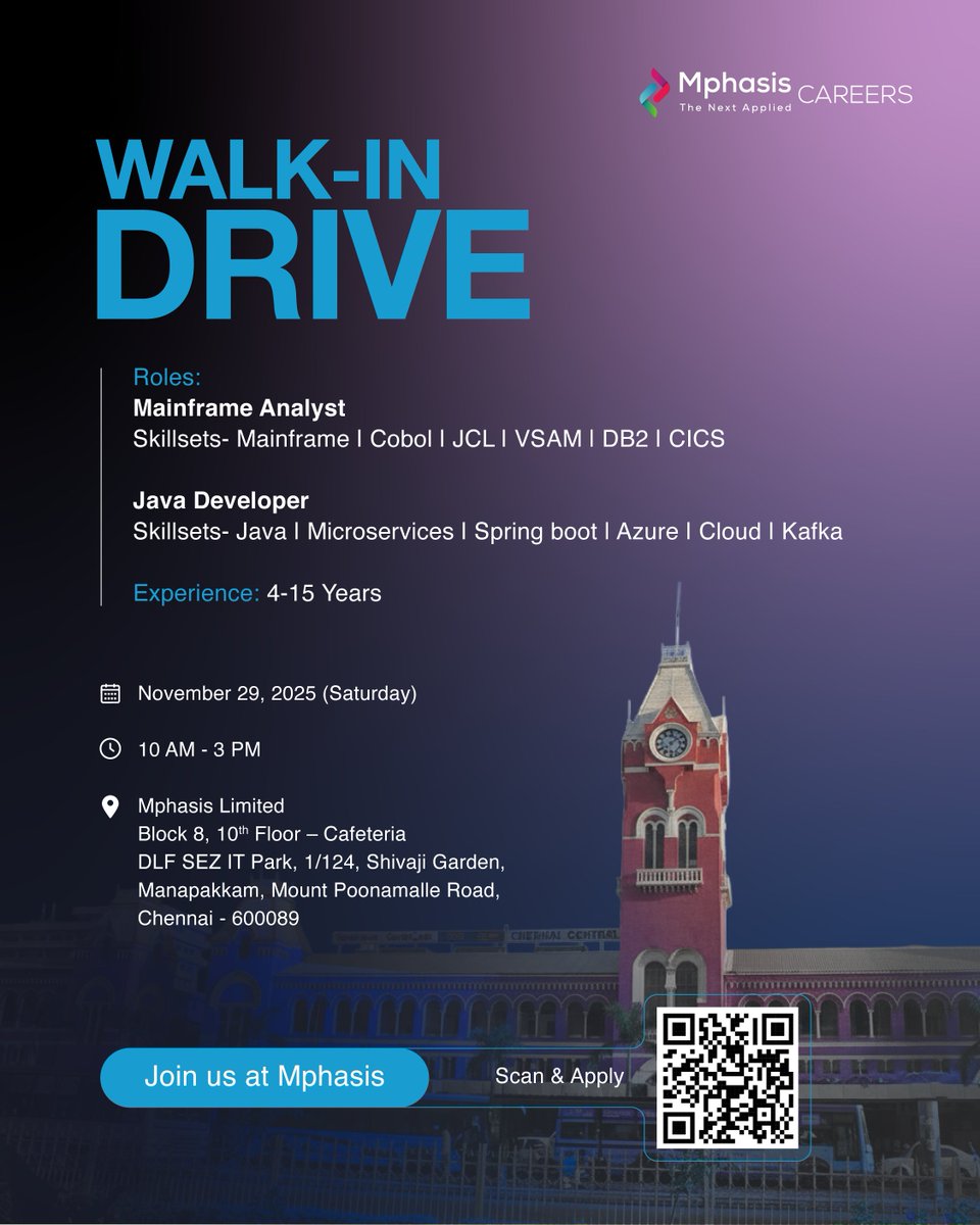 MphasisCareers's tweet image. We&apos;re #Hiring! Mphasis is organizing a #walkin drive for Mainframe Analysts and Java Developers with 4-15 years of experience in #Chennai. Check the below details to know more!
Role:
Mainframe Analyst: r.ripplehire.com/s/cGuNQ
Java Developer: r.ripplehire.com/s/cGuSl
#Wearehiring