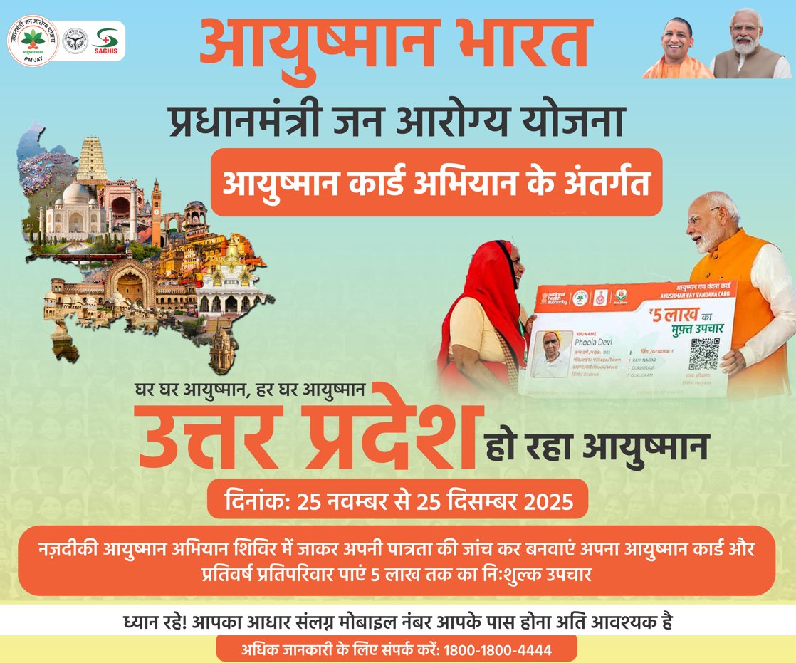 PmjayP's tweet image. #UttarPradesh शासन के निर्देश के क्रम में #AyushmanBharatYojana के अंतर्गत प्रदेश में #AyushmanCard बनाने हेतु 25 नवम्बर  से 25 दिसम्बर 2025 तक का विशेष अभियान.

@archana_ias2014 #Healthcare #PMJAY
