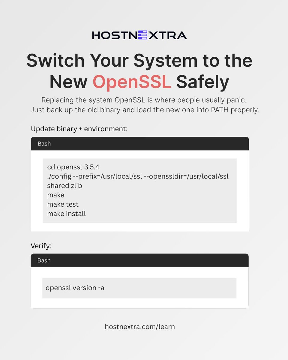 HostnExtra's tweet image. Switch Your System to the New OpenSSL Safely

Replacing the system OpenSSL is where people usually panic.
Just back up the old binary and load the new one into PATH properly.

#OpenSSL #AlmaLinux #LinuxAdmin #SysAdminTips #ServerSecurity 
#DevOpsLife #LinuxTutorial  #HostnExtra